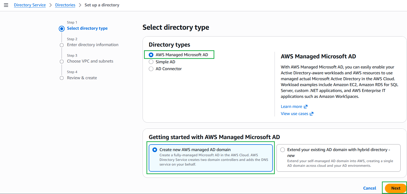 Create AWS Managed Microsoft AD directory on the Directory Service console