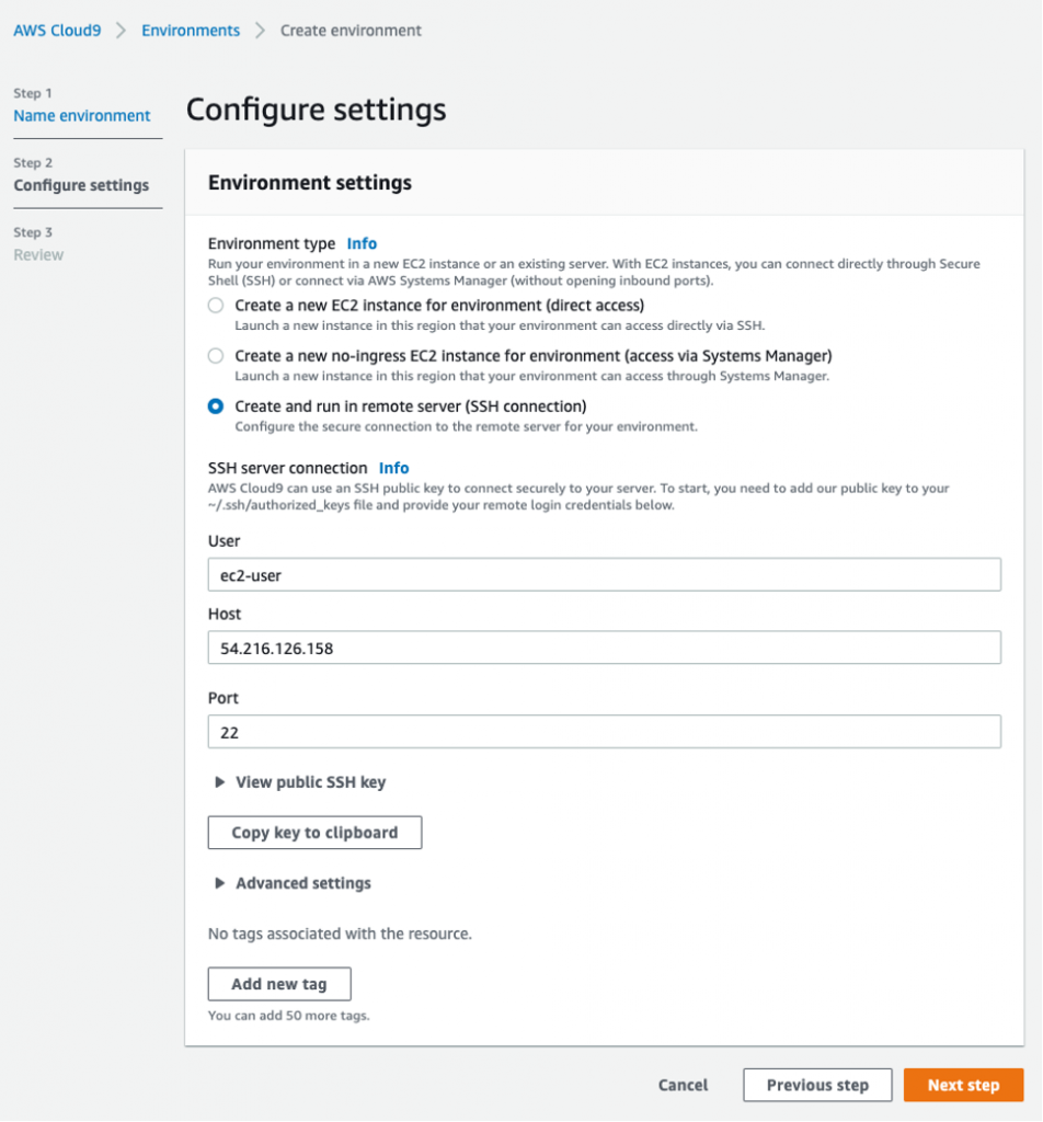 An image of the AWS Cloud9 web console showing the discussed options for resource creation.