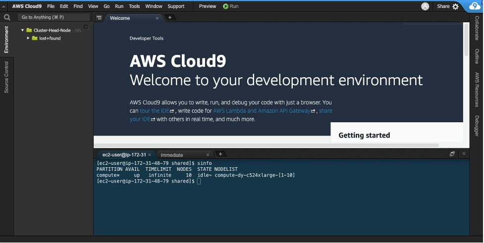 The AWS Cloud9 IDE view showing the results of running the Slurm "sinfo" command, which lists the queues available in Slurm. 