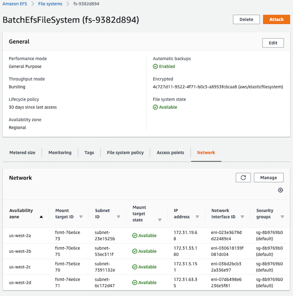 The detail view of the Amazon EFS file system showing the network mount targets in subnets and the security group