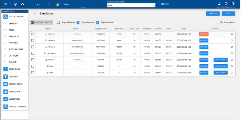 Figure 5: Playtech Ryota Maths Design Tool showing Several AWS Lambda Simulations Runs in Progress