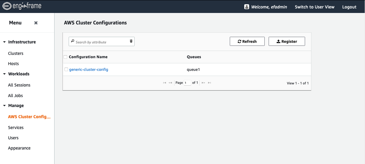 Figure 3: The AWS HPC Connector view showing the set of currently registered AWS ParallelCluster configurations.