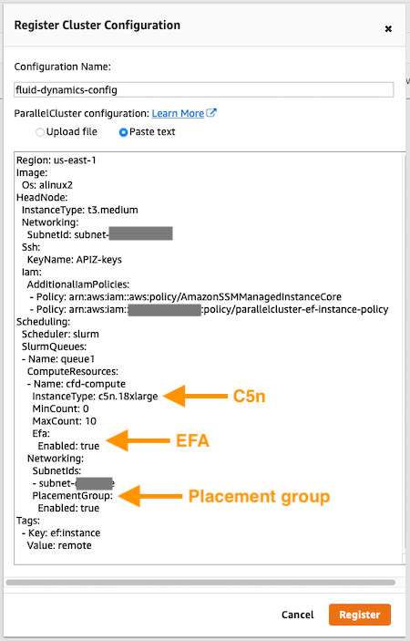 Figure 4: Registering a new AWS ParallelCluster configuration in EnginFrame. The parameters to note are that we define appropriate compute nodes for CFD — c5.18xlarge with EFA enabled in a placement group.