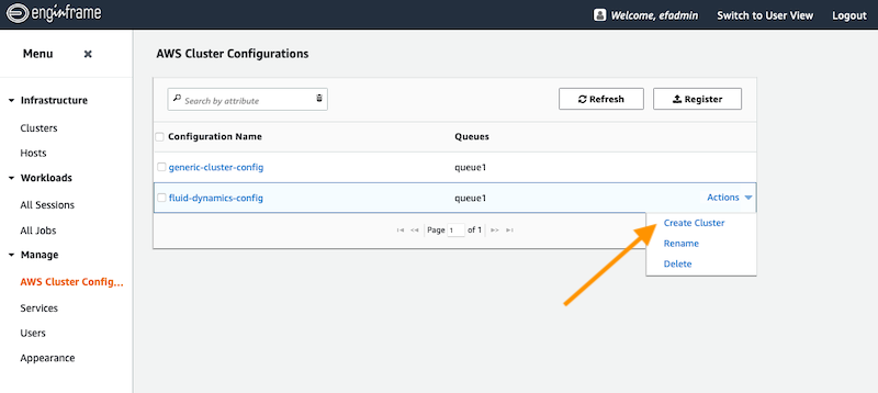 Figure 5: Creating the cluster from the Actions drop-down list.