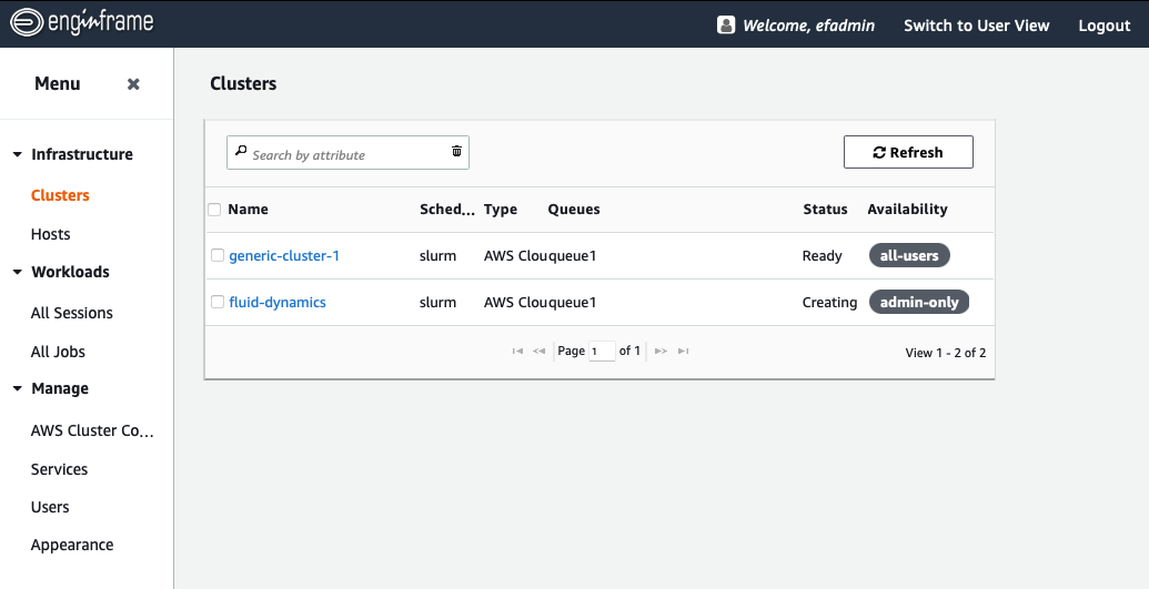 Figure 6: The Infrastructure Cluster view in EnginFrame showcasing that two clusters are viewable to all users, but the newly added cluster is restricted to the administrator.