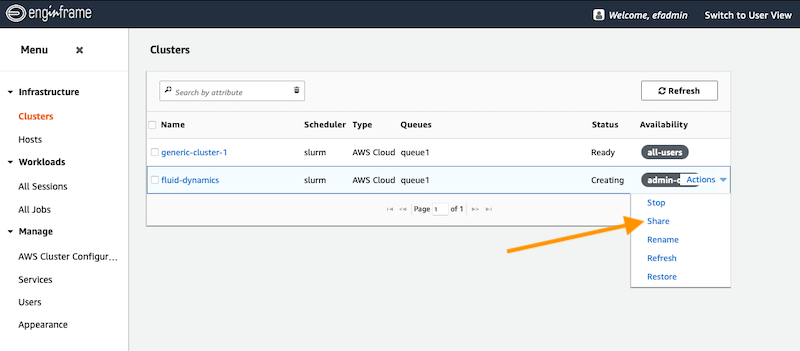 Figure 7: Sharing the newly created cluster with users.