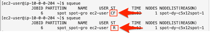 Figure 1 – A terminal session where the squeue command is used to see the job is initially in configure, “CF” state, and subsequently run, “R” state.