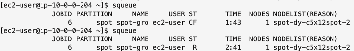 Figure 2 – A terminal session showing the use of squeue to monitor the job queue and showing the same job requeued on to new Spot Instances after interruption.