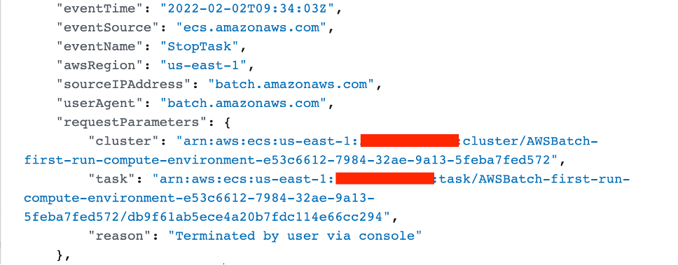 Figure 2. Snippet from the API call logged in CloudTrail