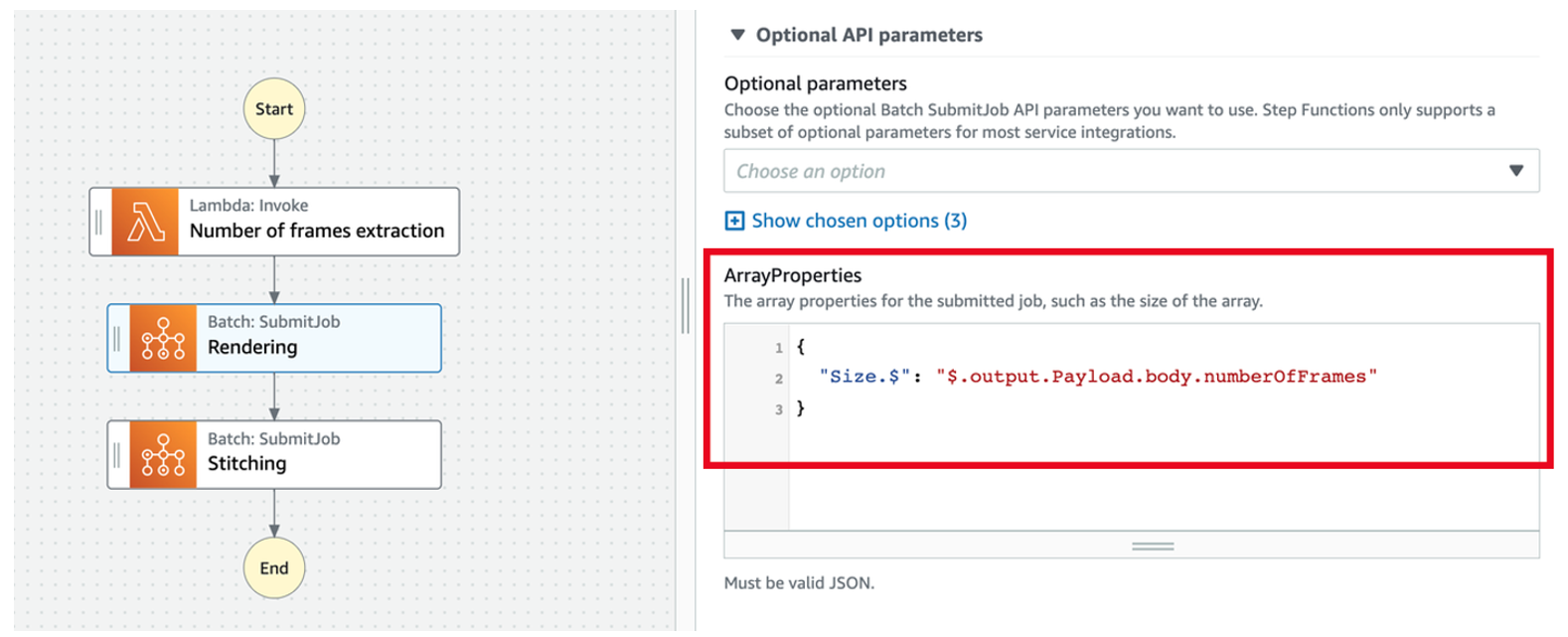 Array job configuration in AWS Step Functions by using the ArrayProperties API parameter