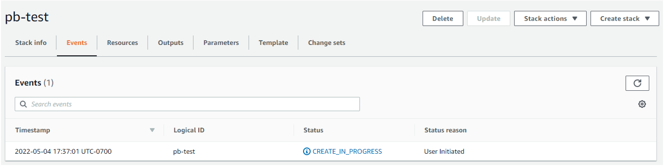 Figure 7: Dashboard to view status of stack creation with AWS CloudFormation. 