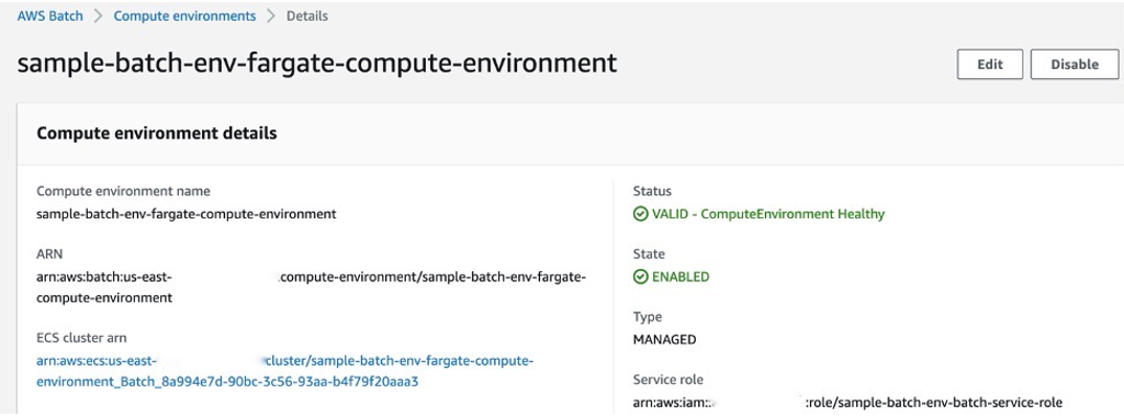 Figure 5: Obtain the ECS cluster ARN from the Batch compute environment details in the Console 