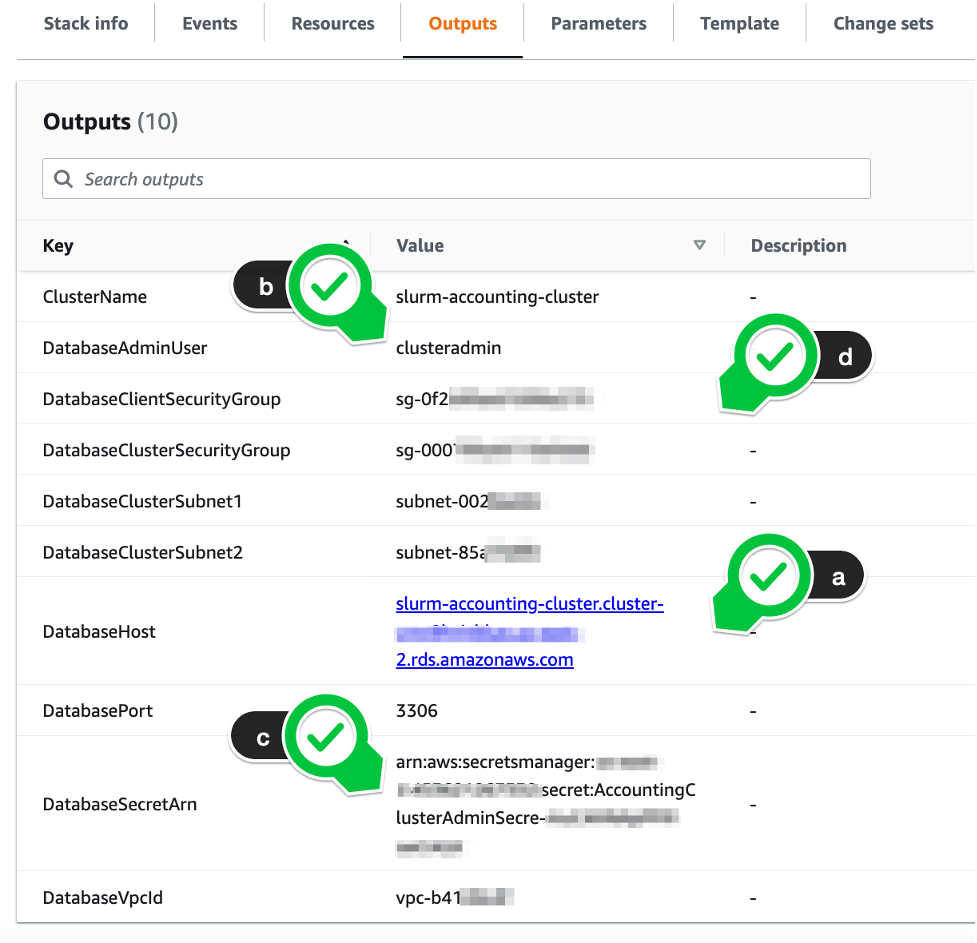 Figure 2. Outputs from the provided Amazon Aurora stack required to configure AWS ParallelCluster