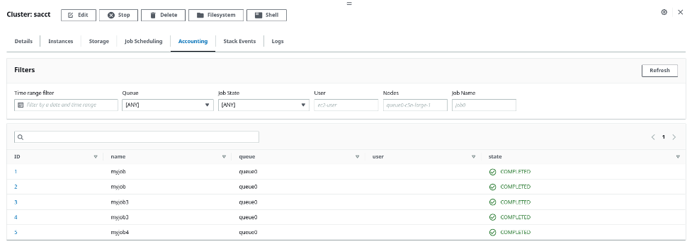 Figure 4. The ParallelCluster Manager jobs list view can be filtered by date, queue, user, job size, and more.