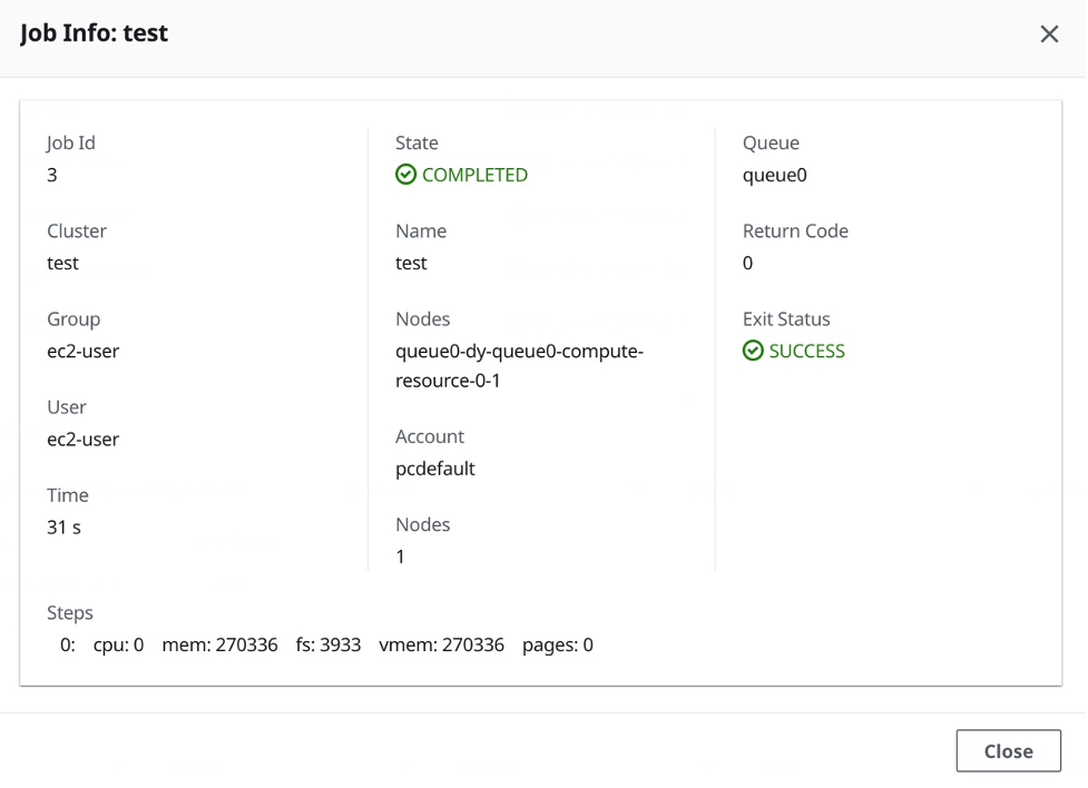 Figure 5. Accounting details for a single job shown by ParallelCluster Manager