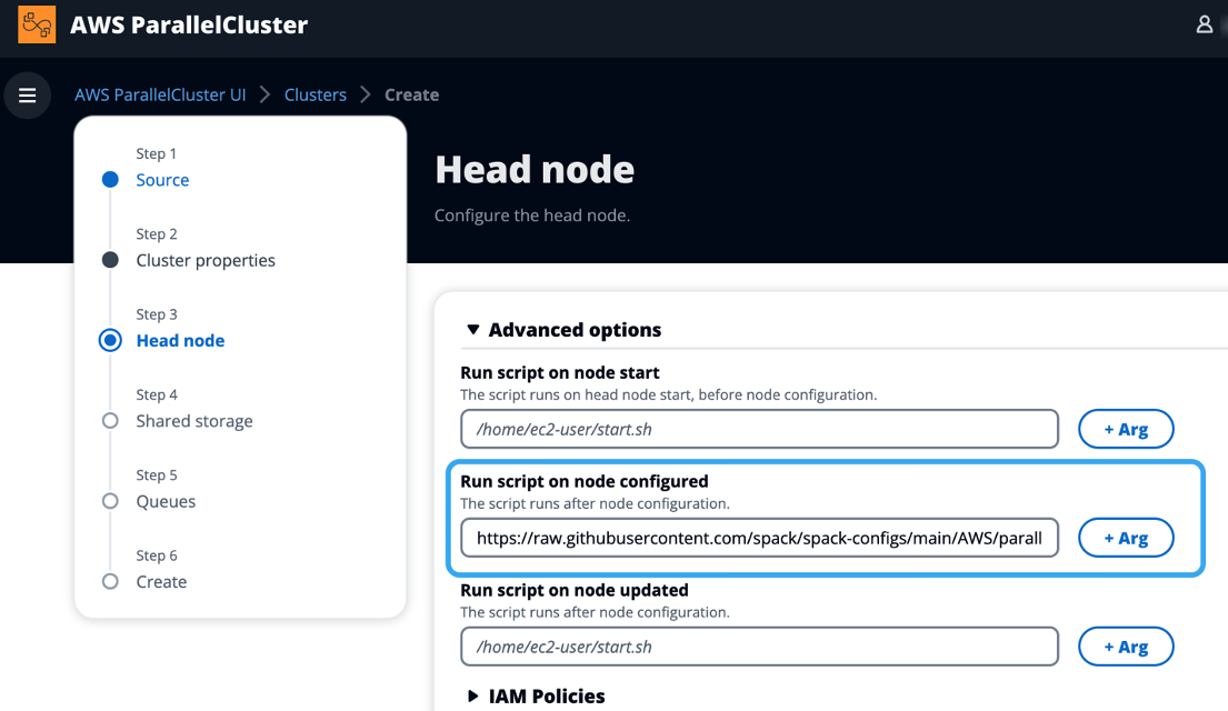 Figure 1: Installing Spack on a cluster with AWS ParallelCluster UI using a post-install script