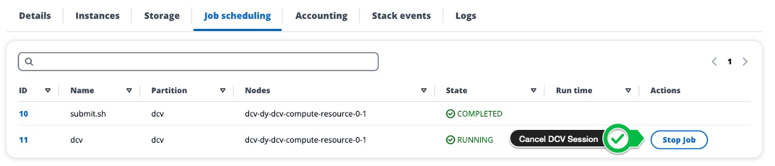 Figure 8 - Using the AWS ParallelCluster UI to stop a job, thus cancelling a DCV session.