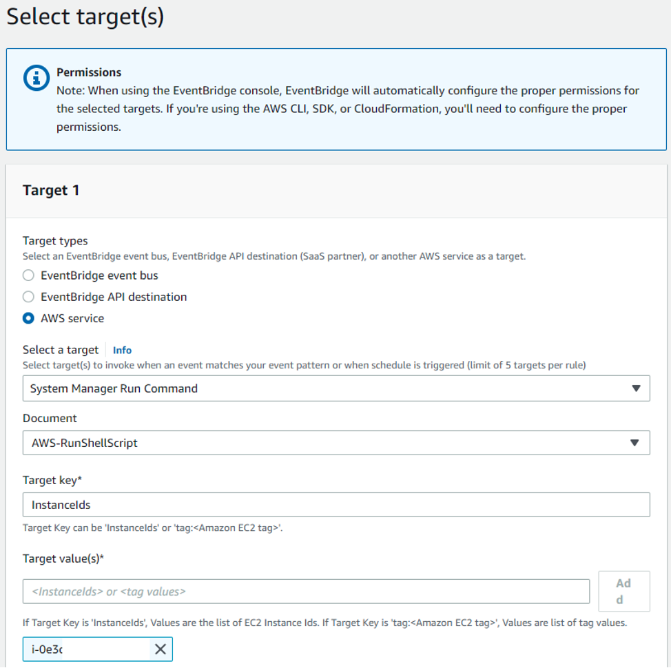 Figure 4: Select a target on which the event rule must be executed. In this case, ‘i-0e3…’