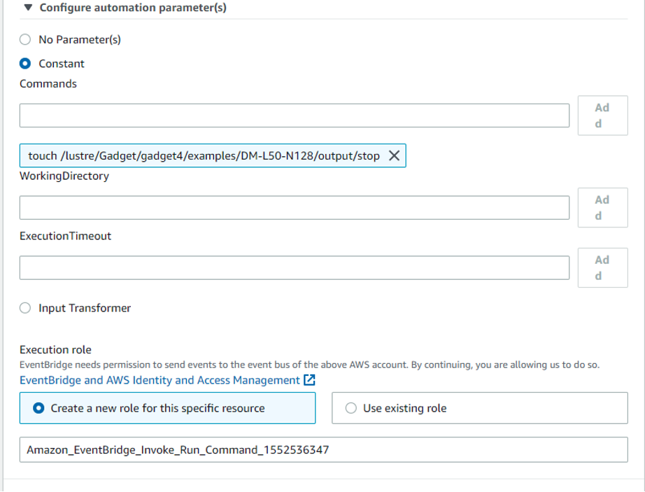 Figure 5: Specify the commands to execute on the target and set permissions using an IAM role.