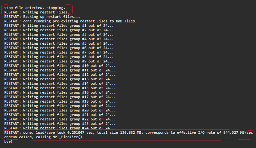 Figure 6: stop-file usage to end Gadget-4 simulation and successfully writing the restart files.