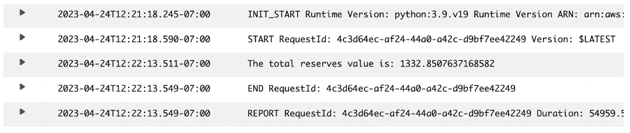 Figure 1 - an example of the output from the workload, recorded in CloudWatch logs