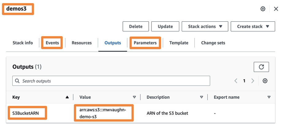 Figure 1. AWS CloudFormation console view of a stack that creates an S3 bucket