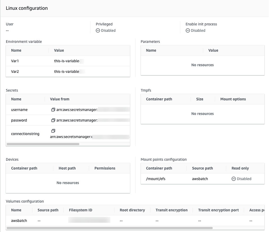 Figure 4:  AWS Batch Job Definitions – Linux operating systems configuration depicting environment variables & EFS mount points