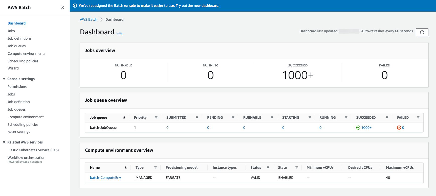 Figure 7: AWS Batch Success/Running Dashboard showing multiple successful job executions