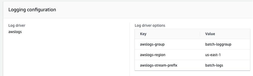 Figure 8: AWS Batch Job Definition - Logging configuration detail panel with awslogs driver options