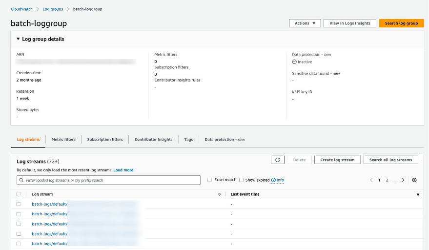 Figure 9: CloudWatch Batch Log Group log stream details