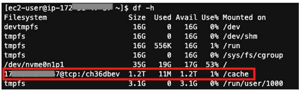 Figure 2 – Amazon File Cache mounted on /cache in AWS ParallelCluster 