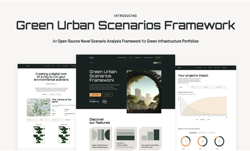 Figure 1 - Green Urban Scenarios simulator (GUS) is a tool built on AWS so that urban planners, researchers, green portfolio managers, and others can explore the impact of green infrastructure on the urban environment.