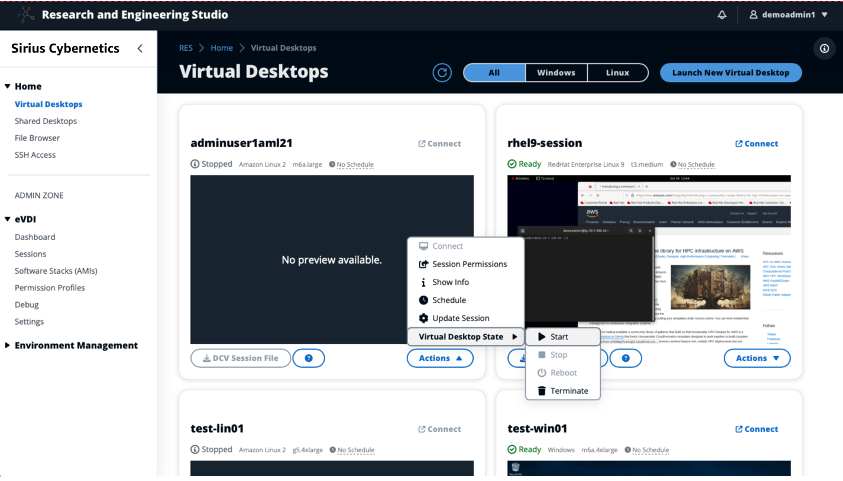 Figure 1 - the RES Virtual Desktops screen lists all the sessions a user has previously created, with controls to spin up, shutdown, or schedule uptime.