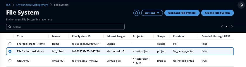 Figure 5 - You can manage file systems in RES, and associate them with Projects. At launch, RES supports Amazon EFS, and Amazon FSx for NetApp ONTAP.