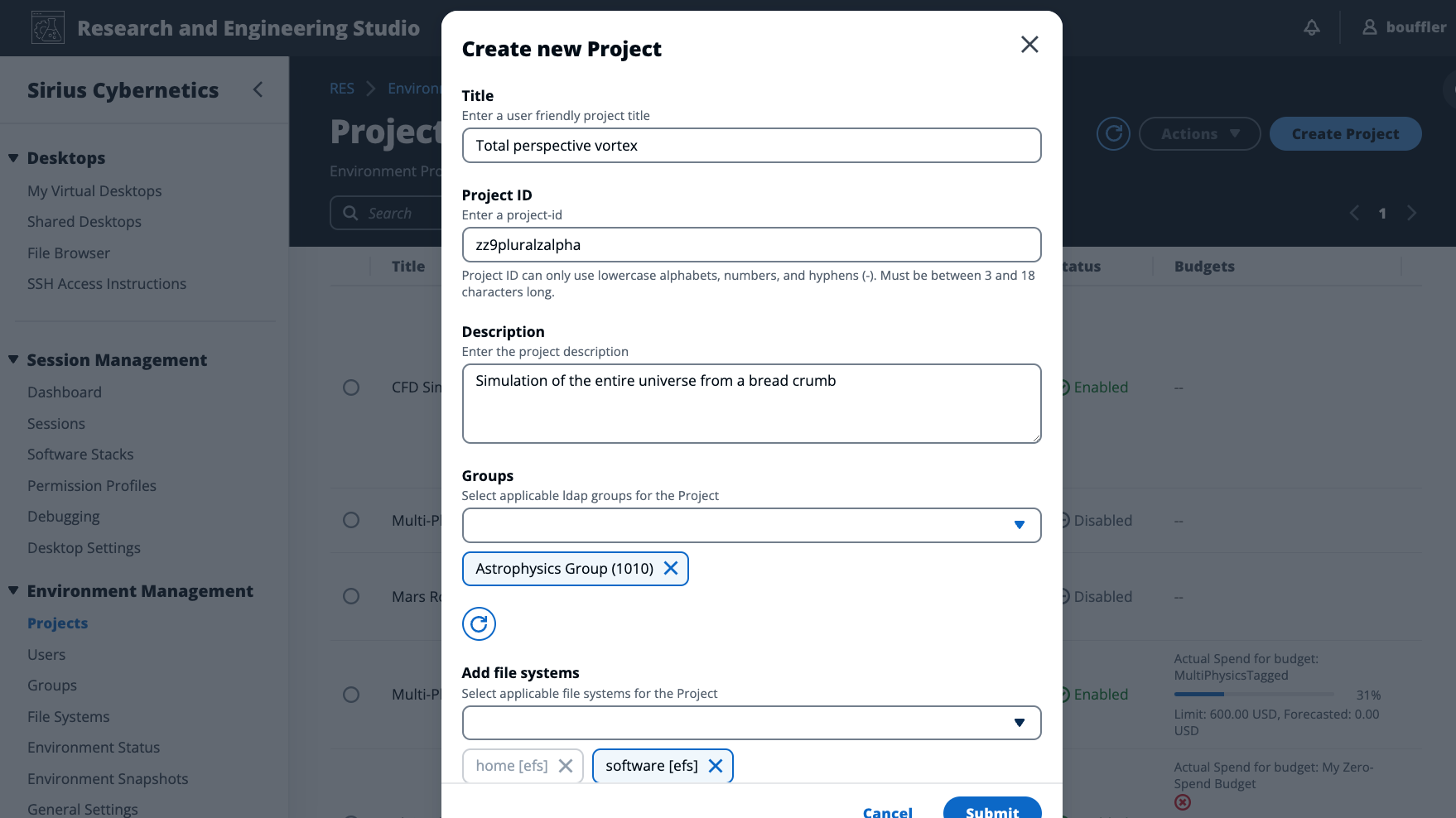 Figure 4 - when you create a Project in RES, you can specify which user groups are permitted to access its resources. The Groups and Users are inherited from your Active Directory service.