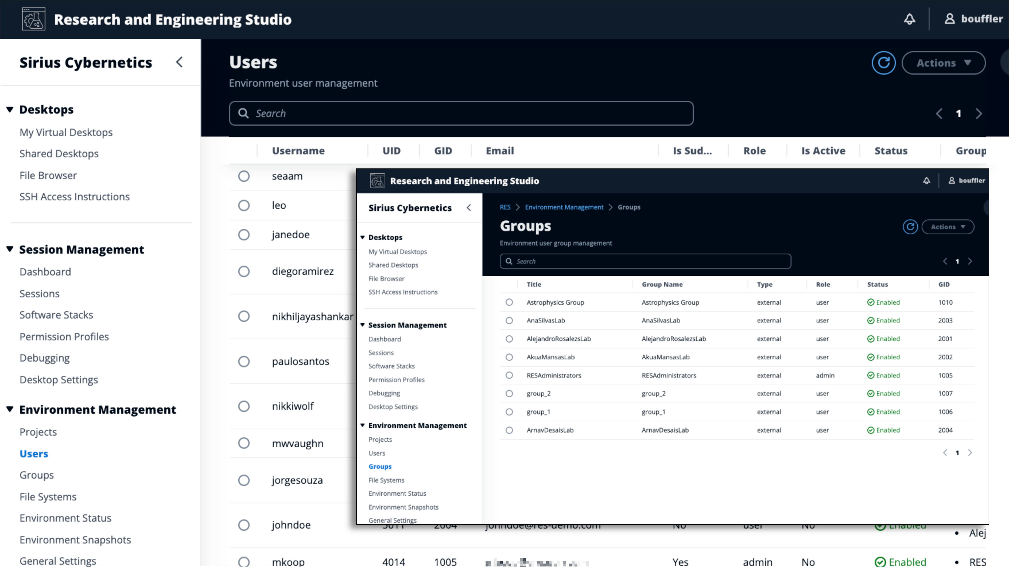 Figure 3 - Identity functions, like defining users and groups, are done centrally in an Active Directory environment, which you specify when installing RES in your AWS environment. The AD can be on-premises or in the cloud and can - if you wish - be separate from your corporate directory service.