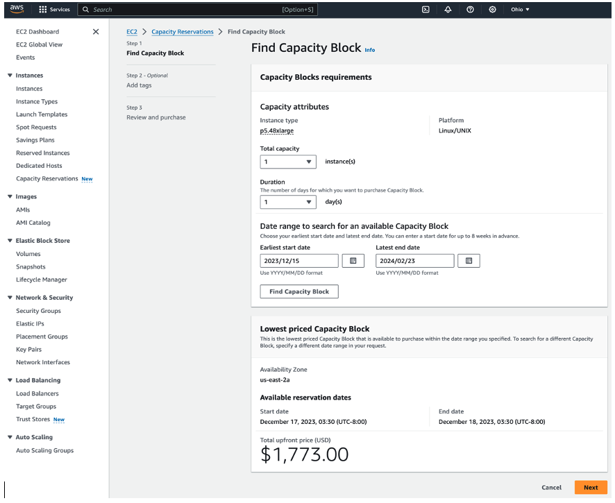 Figure 2 – After you specify your capacity requirements, click Find Capacity Block to see an available Capacity Block offering that matches your inputs, including the exact start and end times, Availability Zone, and total price of the reservation. Once you find a Capacity Block offering that you want to reserve, click Next to proceed with purchasing the reservation.