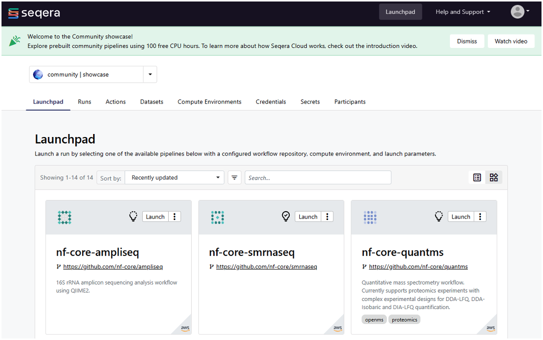 Figure 2: Log in to Seqera Platform to use community showcase pipelines or add your own pipelines.