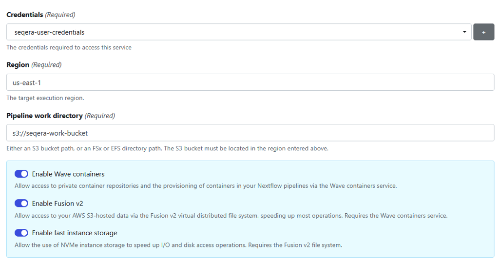 Figure 4: Add credentials to store access keys and tokens for your compute environment.