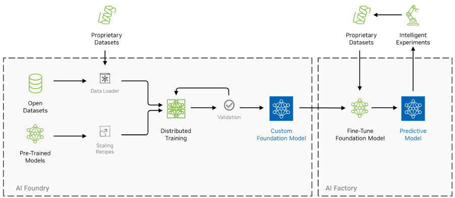 Figure 1: This image shows the workflow for developing models on NVIDIA BioNeMo. The process is divided into phases for model development and customization and then fine-tuning and deployment.