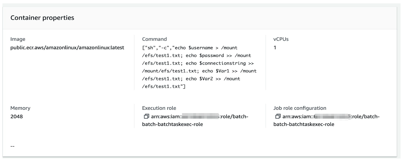 Figure 3: AWS Batch Job Definitions – Container properties details depicting bash commands 