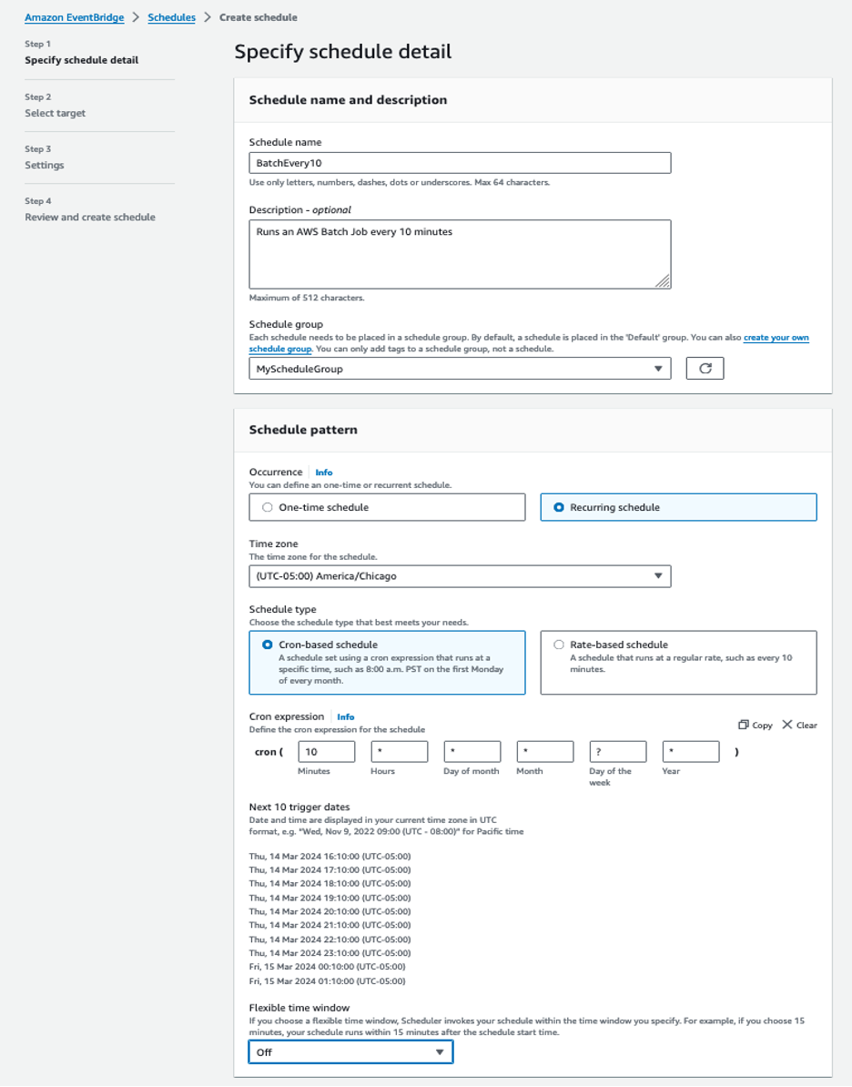 Figure 5: Amazon EventBridge Scheduler details screen highlighting the schedule pattern