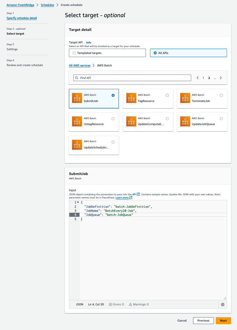 Figure 6: Amazon EventBridge Scheduler Select Target screen highlighting how to submit the Batch Job