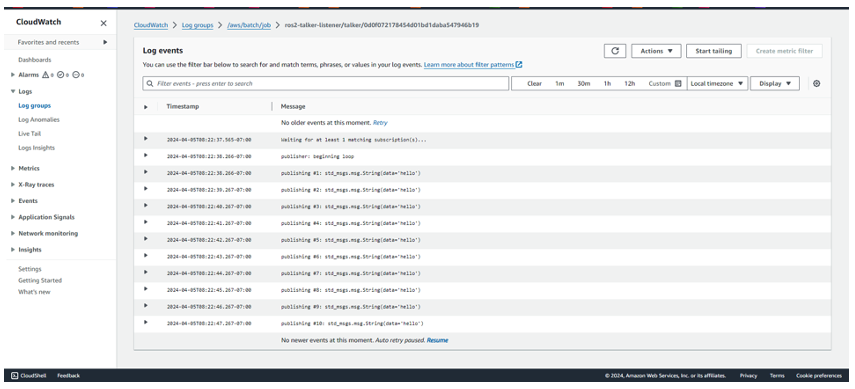 Figure 14 - CloudWatch logs console view of talker output