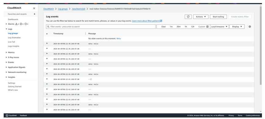 Figure 15 - CloudWatch logs console view of listener output