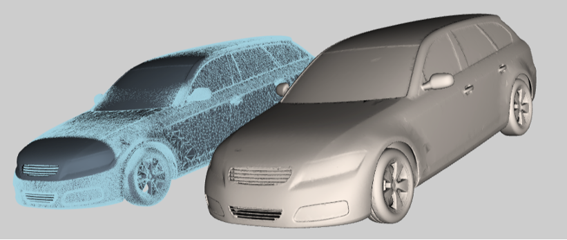 Figure 4 – Deformed geometry (left) with a wireframe overlay of original mesh highlighting change and original mesh (right)