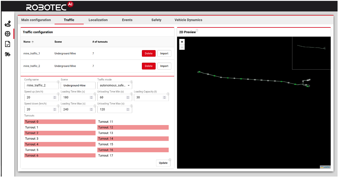 Figure 3 – Turnouts and other traffic parameters configuration in the underground mine.