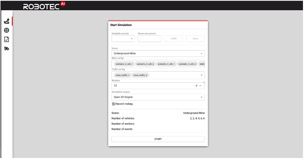 Figure 5 – The simulation setup screen, where users can select configurations and start a batch of experiments.