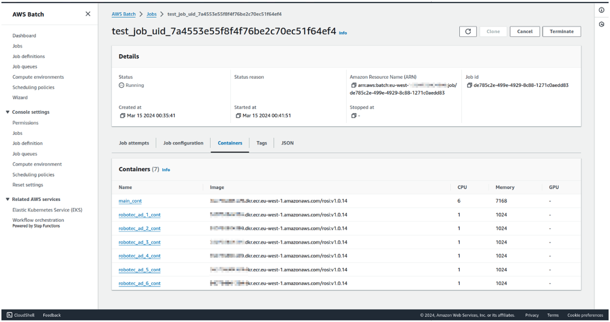 Figure 6 - AWS Batch console while a multi-container job is running.