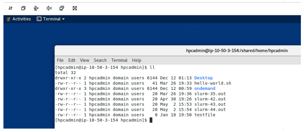 Figure 3 – A RES virtual desktop session showing the same shared storage directory accessible from the ParallelCluster Login Node